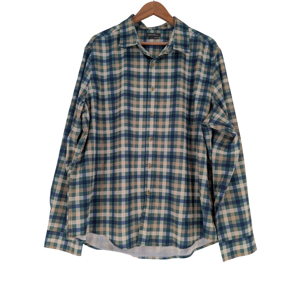 Eddie Bauer Plaid Button Down Mens XL Blue Green Excellent Long Sleeve Gorpcore